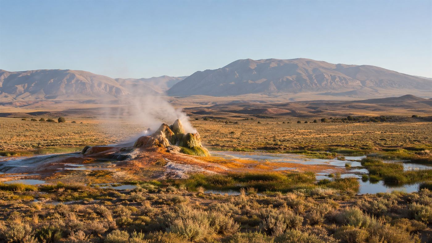 A flat Nevada desert valley near the Black Rock Desert with green wetland pools and a small steaming colorful geyser in golden light