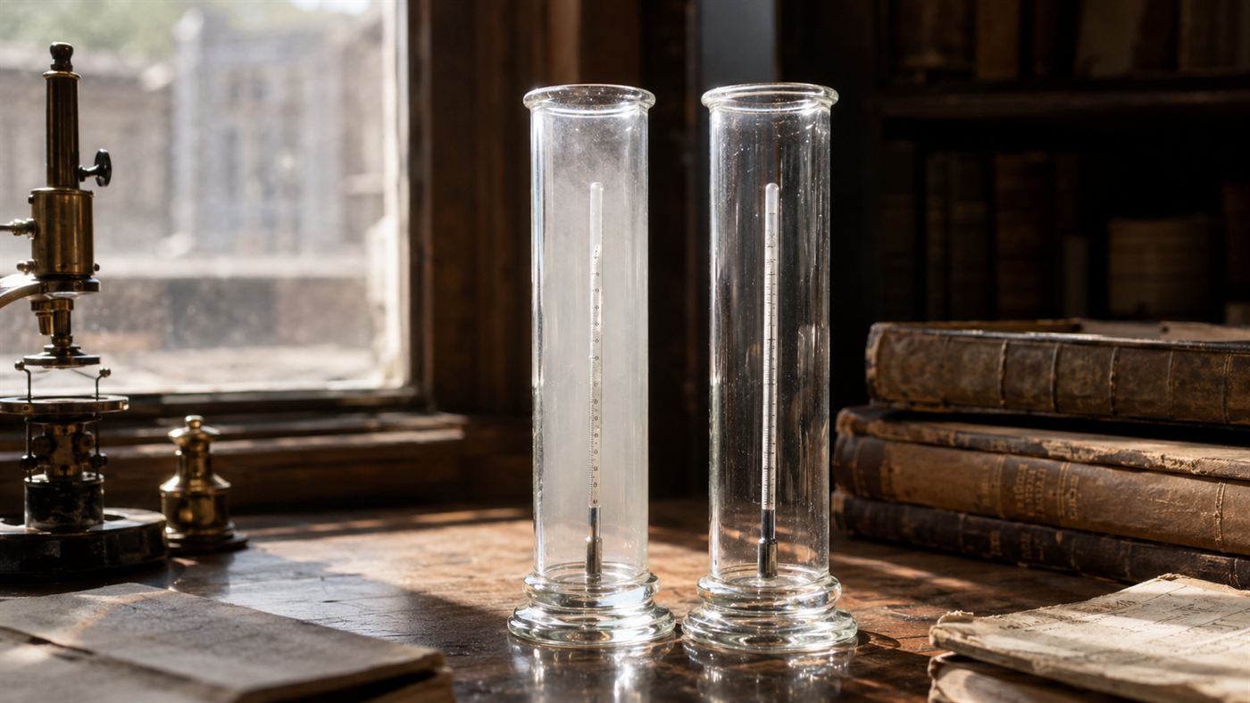 Two tall glass cylinders side by side on a wooden table in bright sunlight, each holding a slim mercury thermometer, one faintly hazy with gas, vintage scientific apparatus