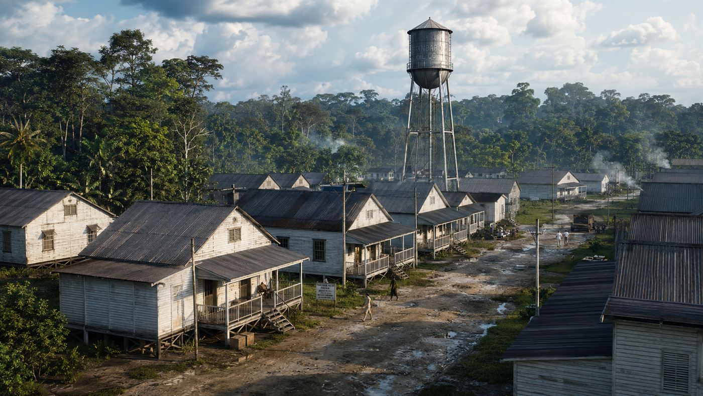 White clapboard houses and a tall water tower of Henry Ford's town at Fordlandia, with the rainforest behind