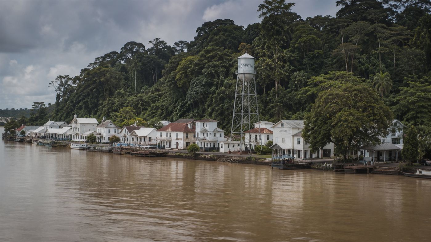 An American-style town with white clapboard houses and a water tower on the bank of the Amazon, jungle crowding behind it