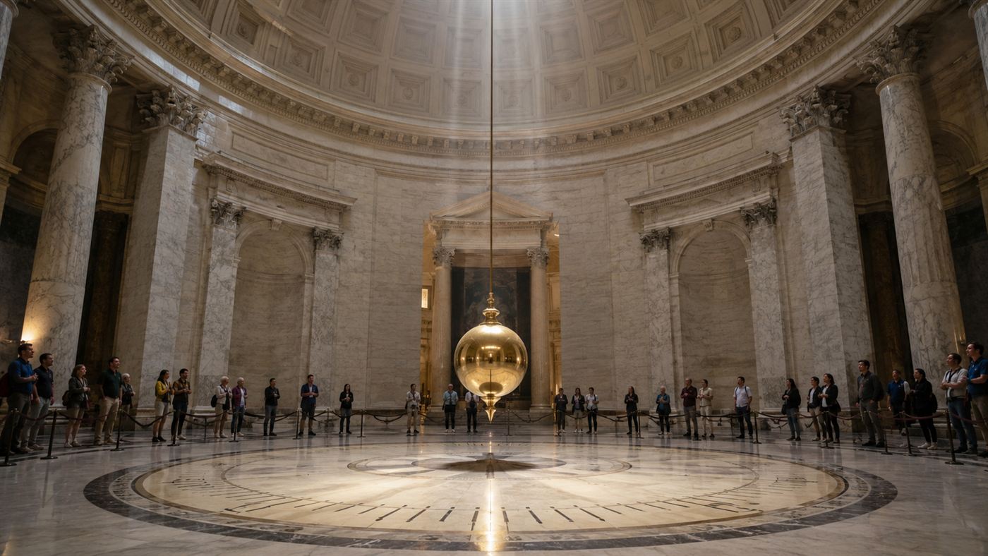 A large brass Foucault pendulum bob hanging on a long wire and swinging beneath a grand domed ceiling