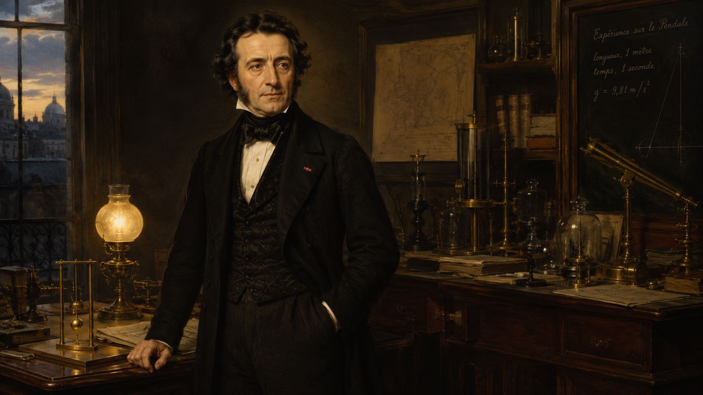 A mid-19th-century French scientist standing among brass instruments with a small pendulum model