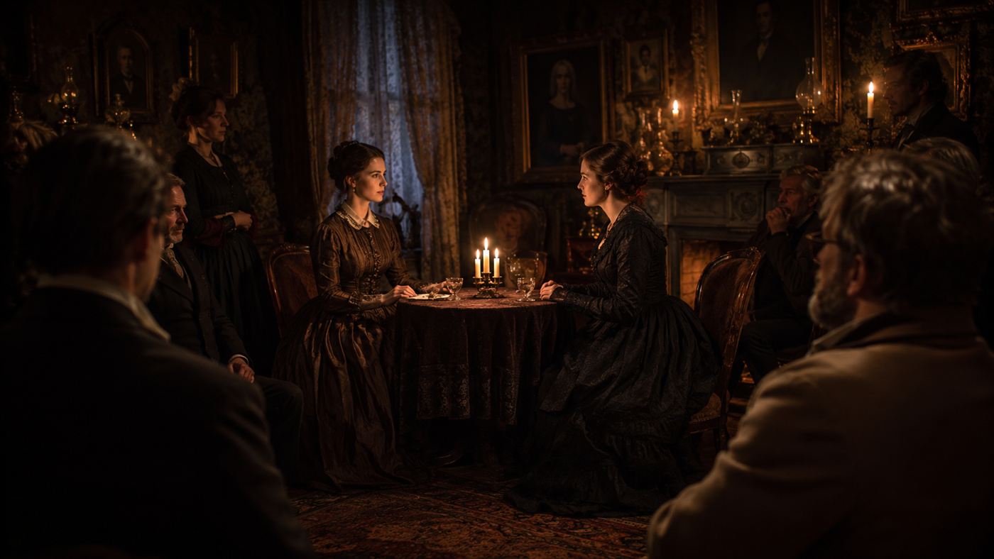 A dim candlelit Victorian parlour where two young women sit at a table with listeners, evoking the Fox sisters and their spirit rappings
