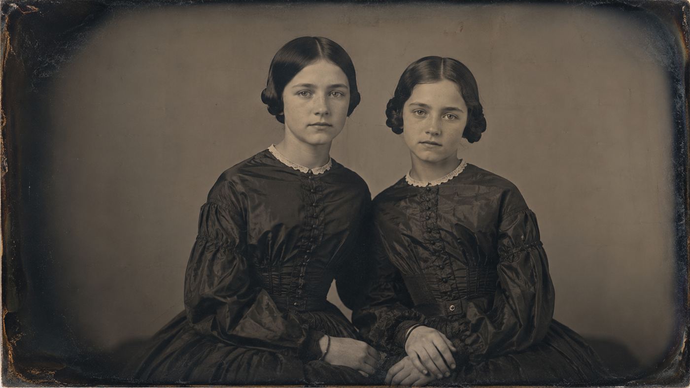 A formal 1850s photographic portrait of two young sisters in Victorian dress, evoking Kate and Maggie Fox