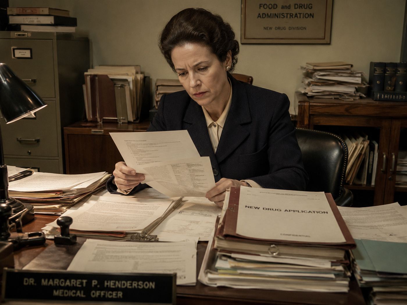 Frances Kelsey, FDA pharmacologist who blocked thalidomide approval, at her 1960s Washington office desk reviewing drug application documents with resolve