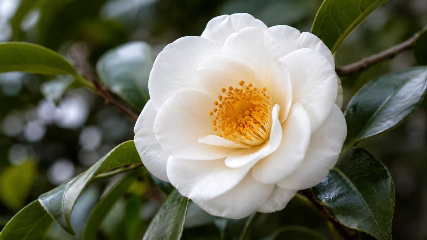A white camellia-like flower with a golden center on a leafy branch, the flower of the Franklin tree