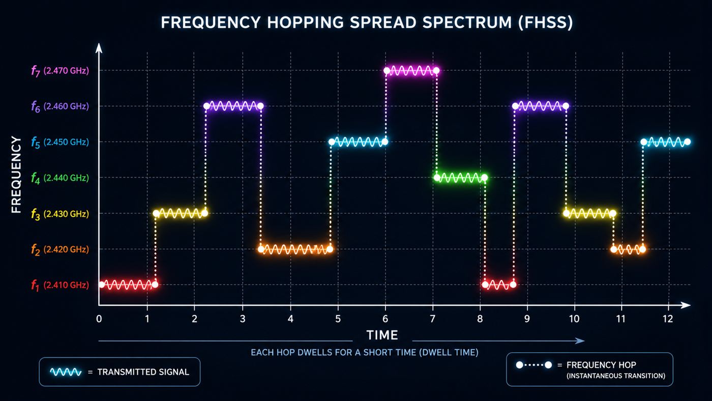 An illustration of radio frequencies hopping in a pattern, the frequency-hopping concept
