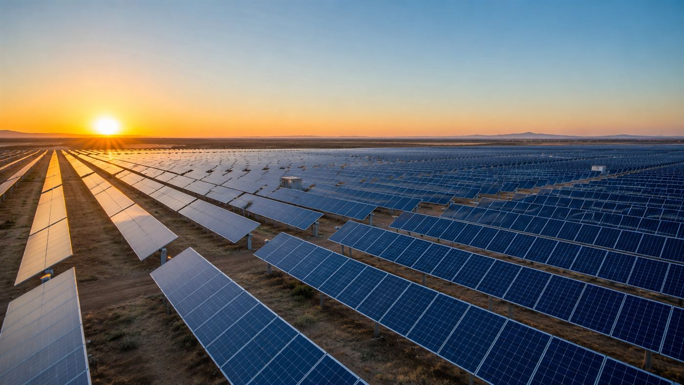 A vast modern silicon solar farm at sunrise, the technology the Charles Fritts solar cell anticipated by 70 years