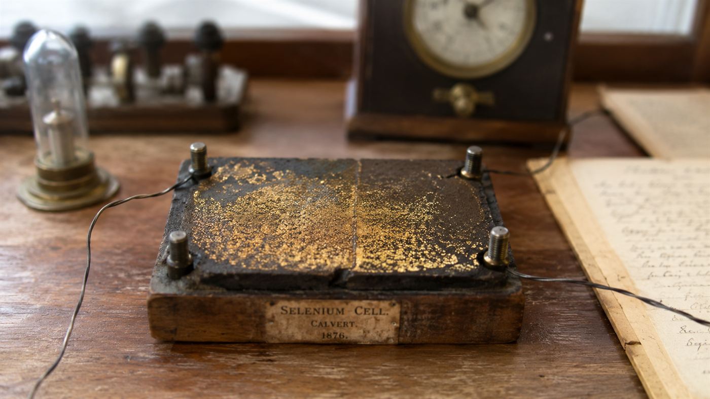 Close view of a 19th-century selenium solar cell coated with a thin gold film, the heart of the Charles Fritts solar cell