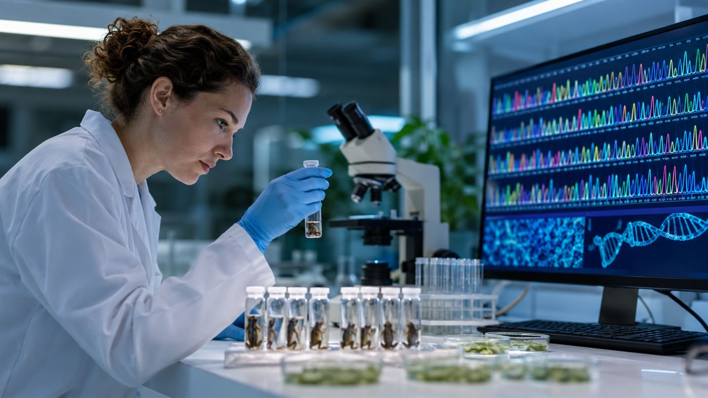 A scientist in a laboratory analysing frog tissue samples and DNA sequences on a screen