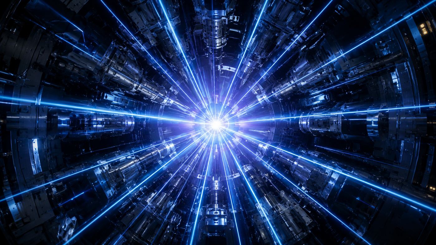 Many laser beams converging on a single brilliant point of light at the moment of fusion ignition