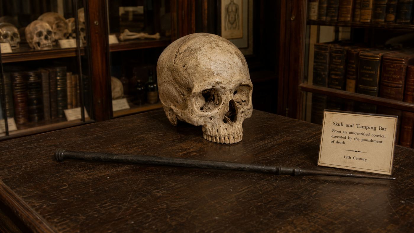 A 19th-century human skull and a long iron tamping bar displayed together in an old anatomical museum