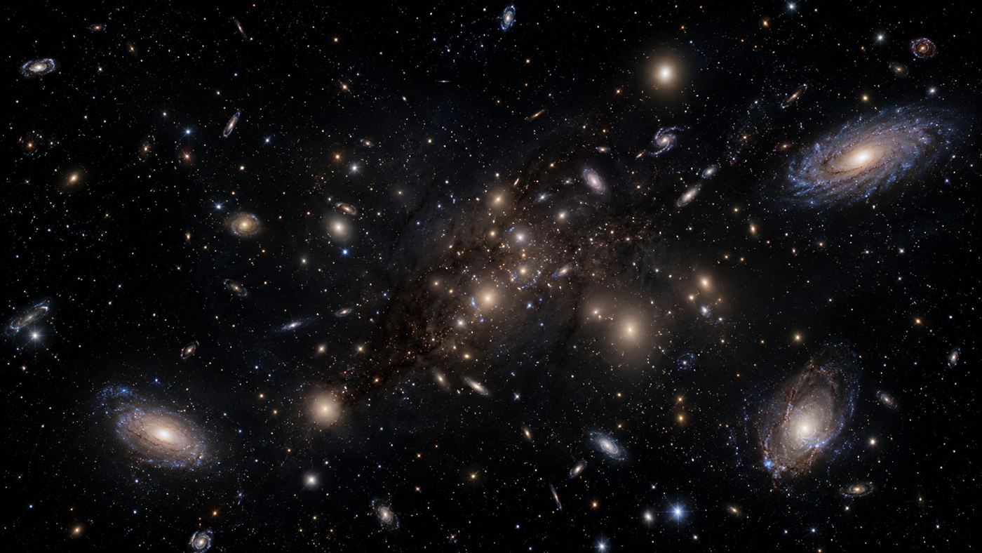 A vast modern galaxy cluster with hundreds of galaxies glowing across deep space