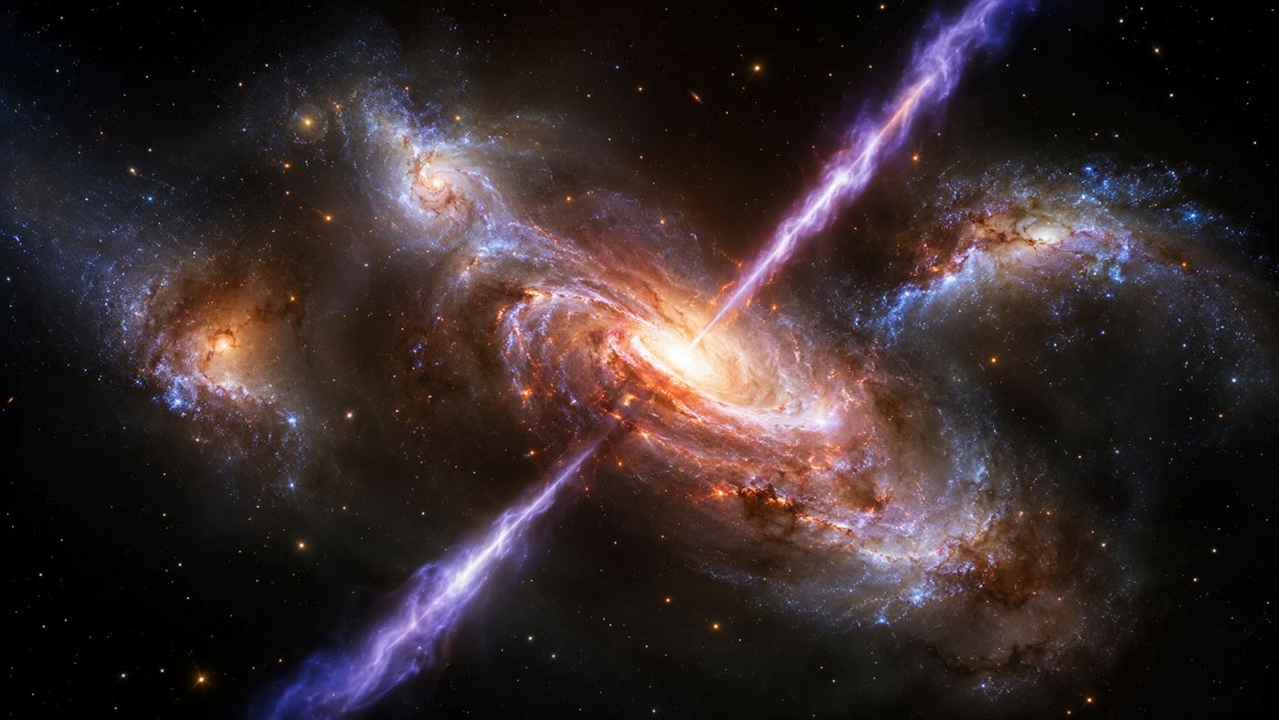 Several bright young galaxies merging around a glowing central supermassive black hole in deep space