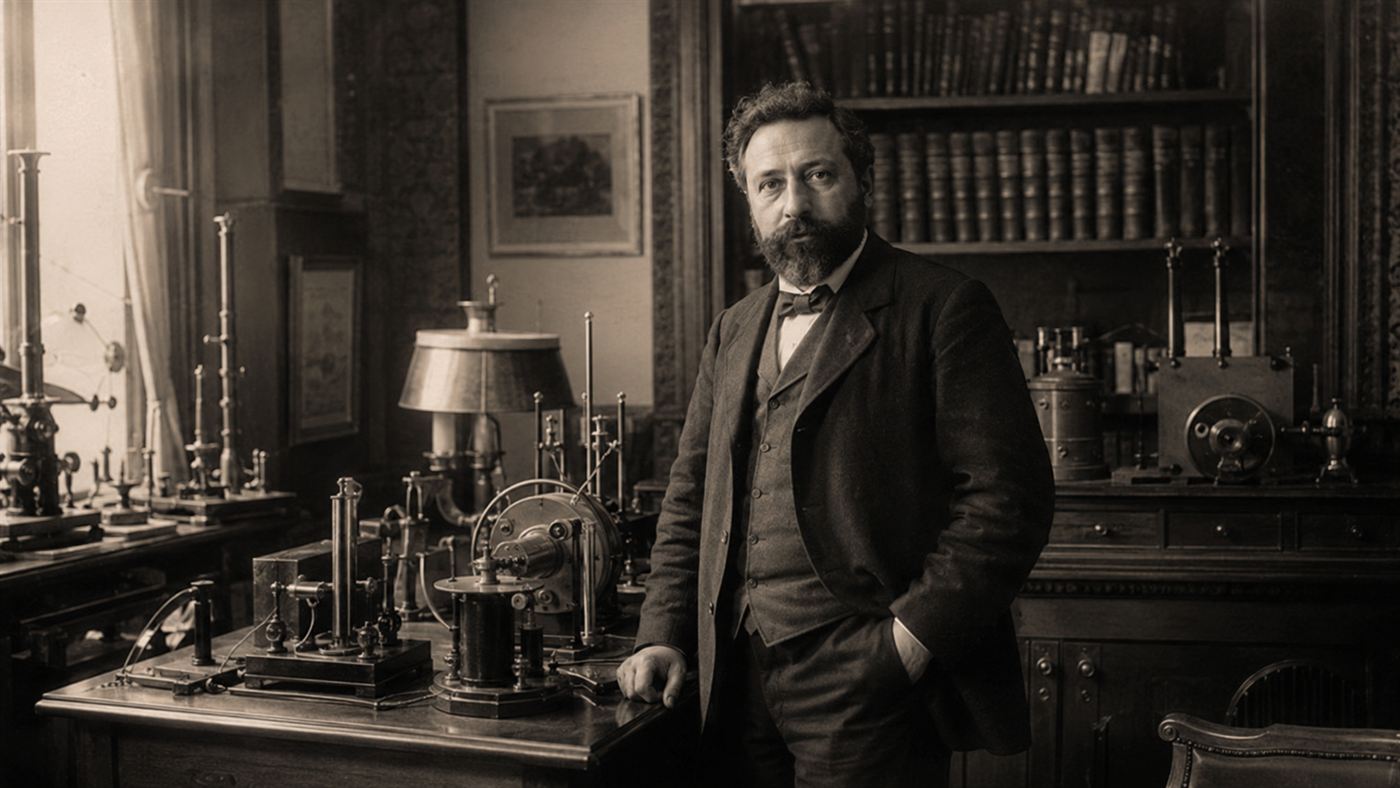 A bearded Italian scientist in an 1890s suit standing among electrical instruments in his study