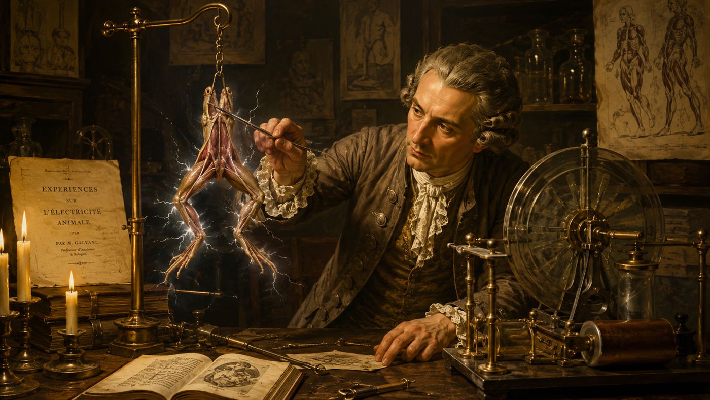 Luigi Galvani touching dissected frog legs with a metal instrument as they twitch in an 18th-century laboratory