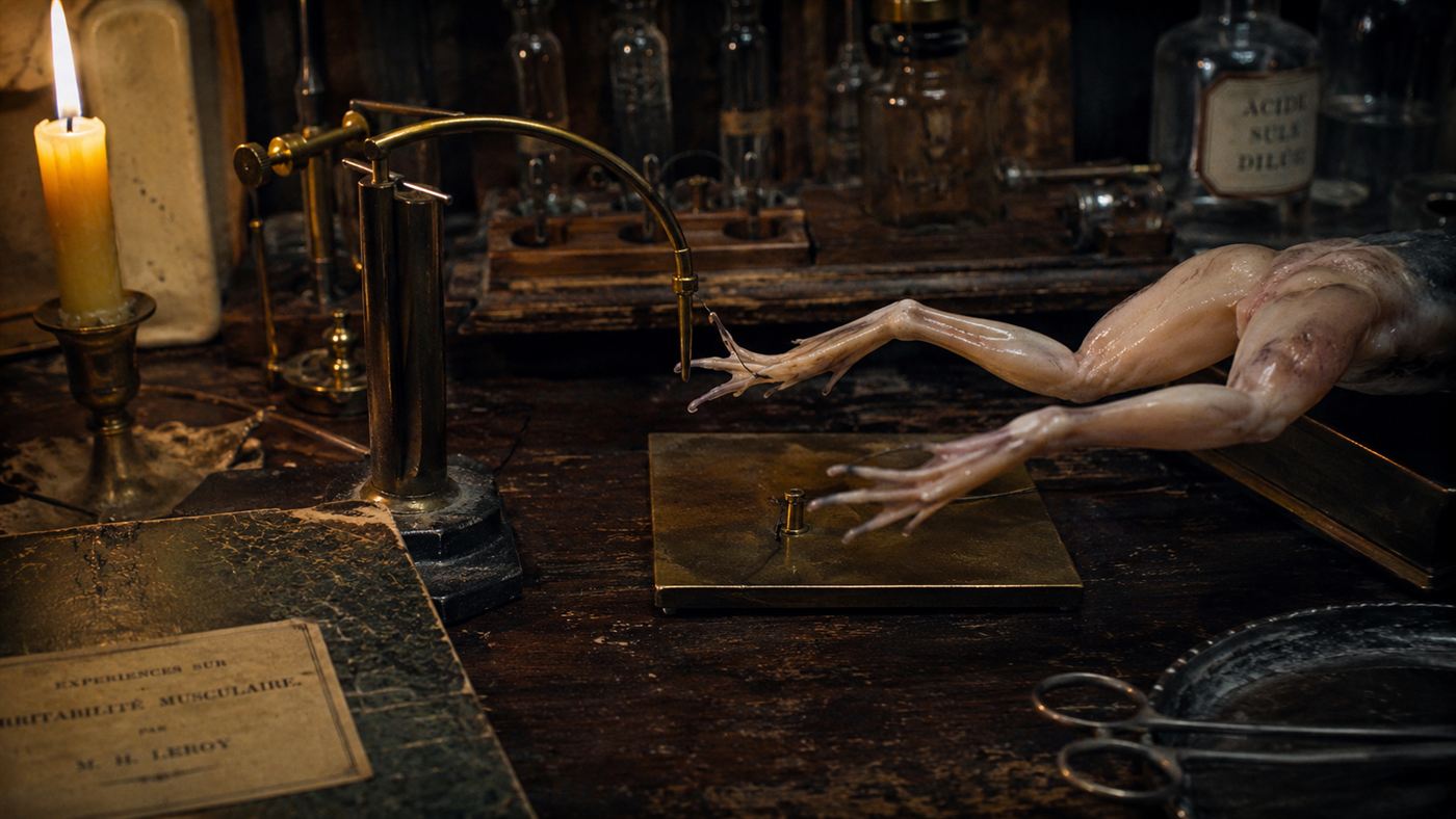 An 1780s laboratory bench with dissected frog legs twitching as they touch a brass hook, candlelit
