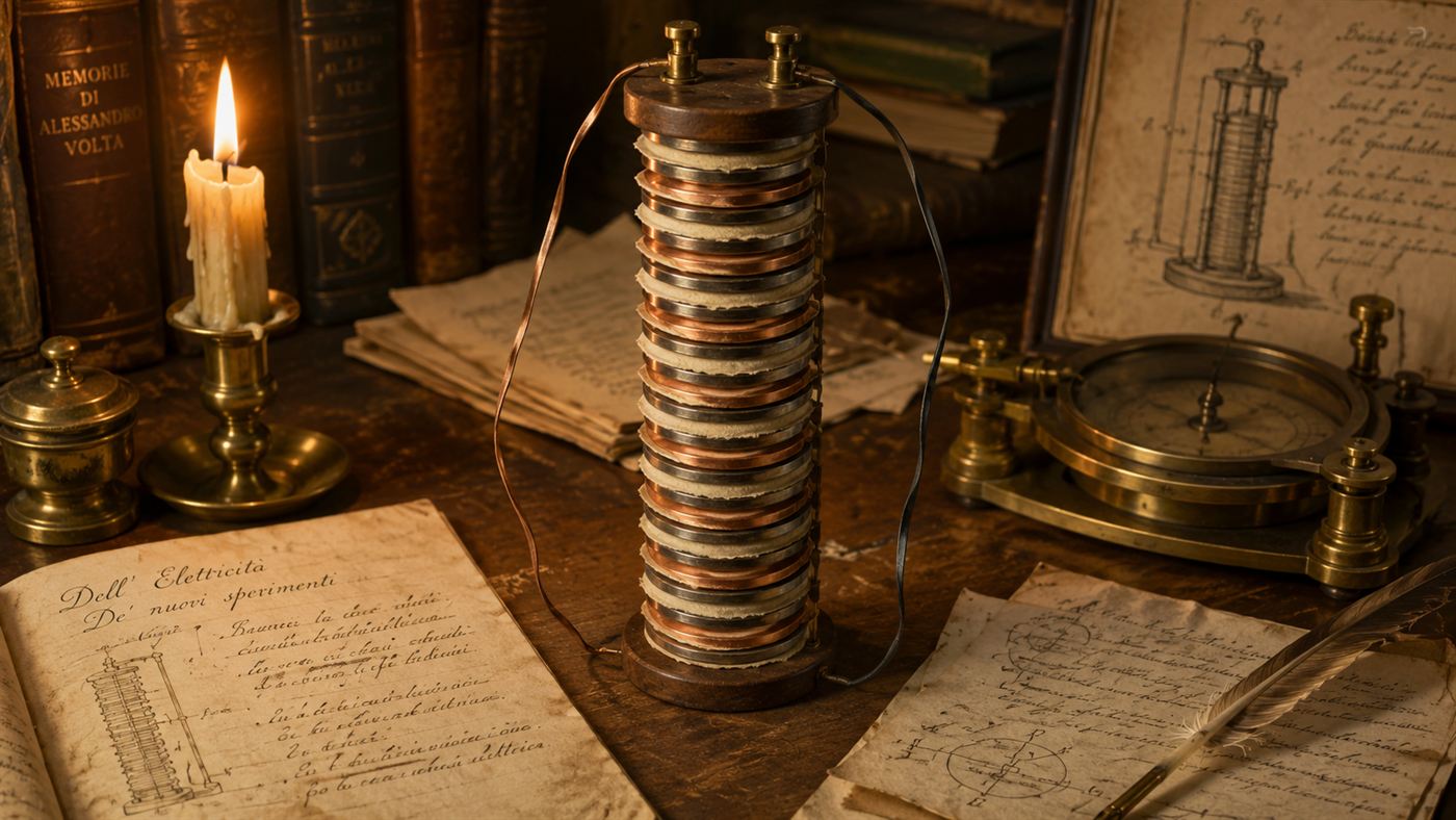 An early voltaic pile, a stack of copper and zinc discs, on an early-1800s desk with notes