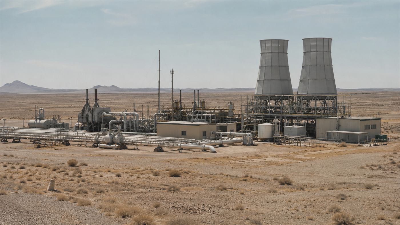 A 1960s natural gas compressor station with cooling towers and pipework in a desert, of the kind that used chromium-6 at Hinkley