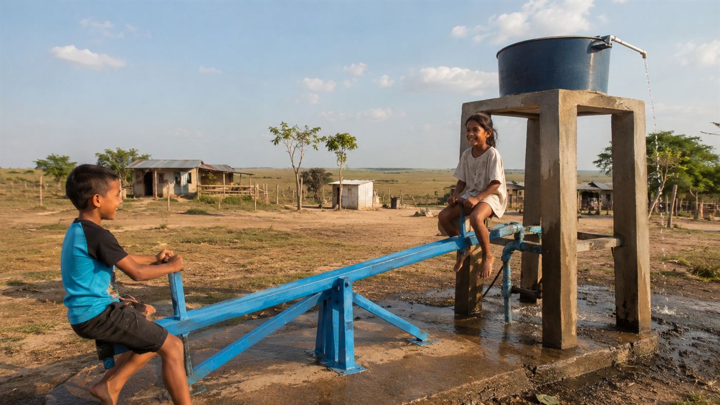 Two children playing on a seesaw that doubles as a water pump in a tropical savanna village, with low buildings and the flat Colombian Llanos grassland behind them at golden hour