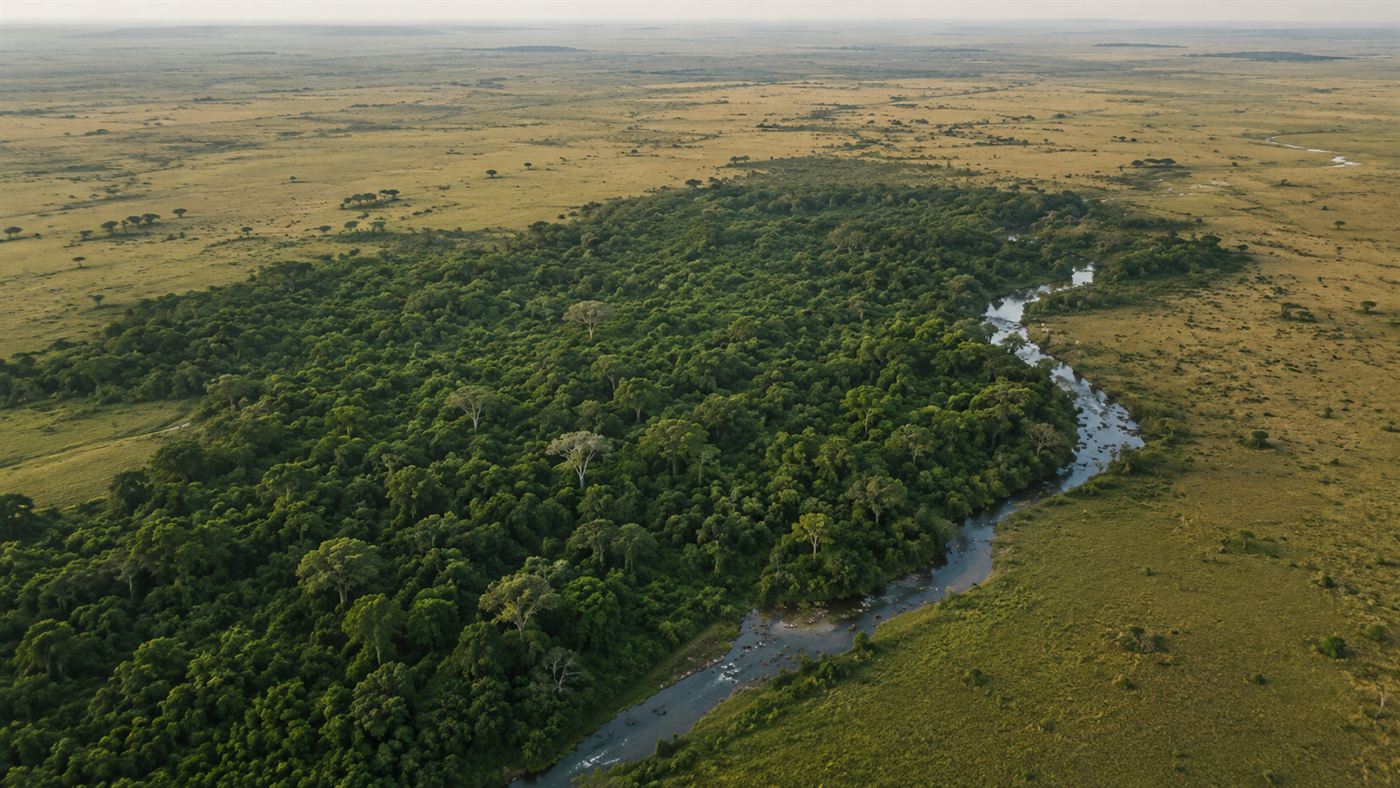 Aerial view of a dense patch of green tropical forest standing in sharp contrast against the surrounding dry yellow savanna grassland of the Colombian Llanos