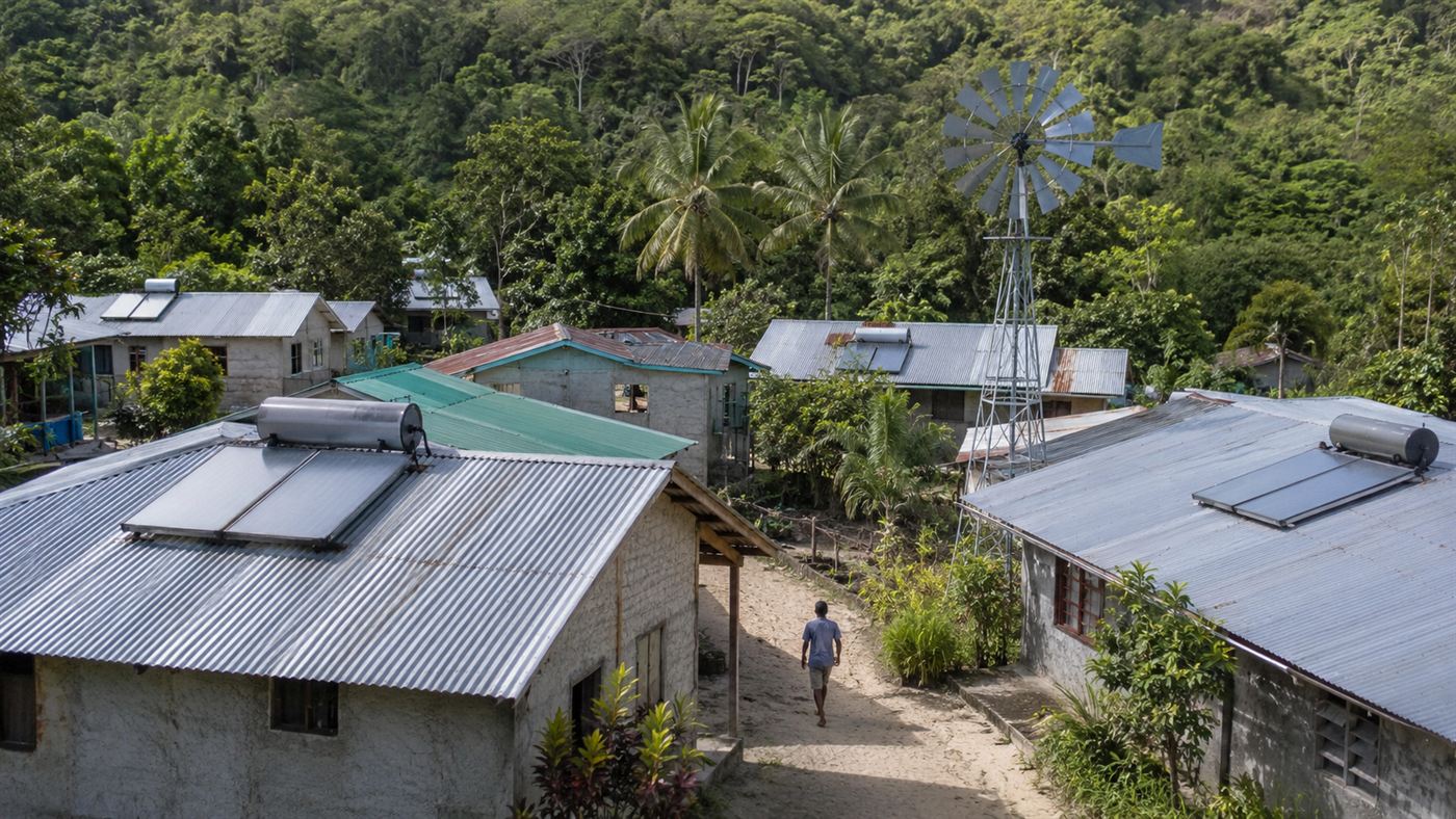 Rooftops of a small tropical village fitted with solar water-heating panels and a tall metal windmill water pump, surrounded by green reforested woodland