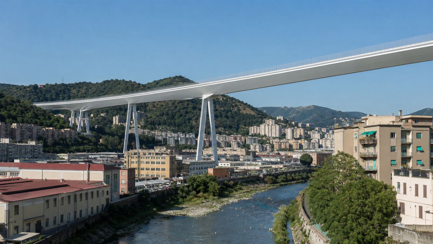 The sleek modern white steel Genoa-Saint George Bridge shaped like a ship hull crossing the city valley on slim piers