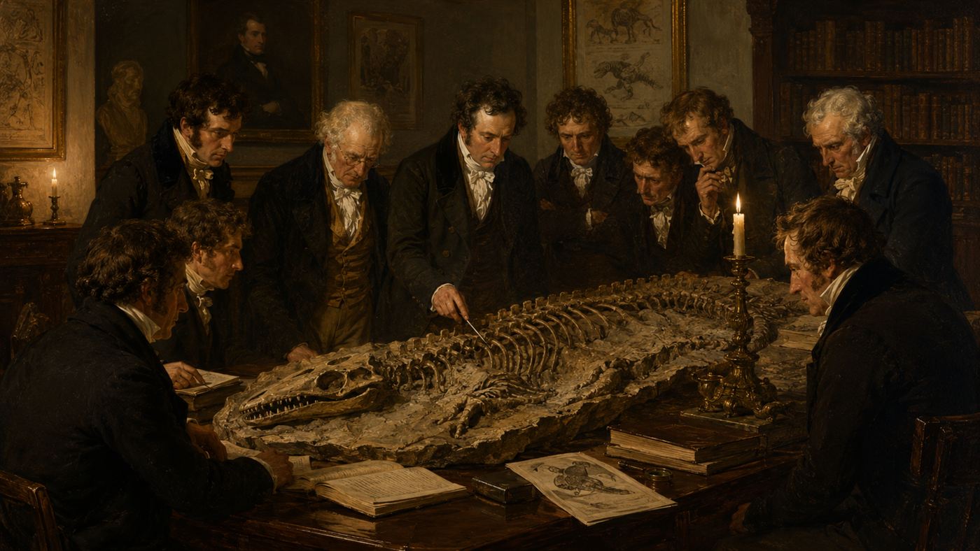 A room of 1820s gentlemen scientists examining a fossil, with no women present