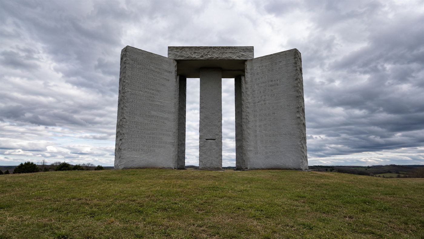 The Georgia Guidestones, a Stonehenge-like monument of tall grey granite slabs standing in a field in Elberton, Georgia