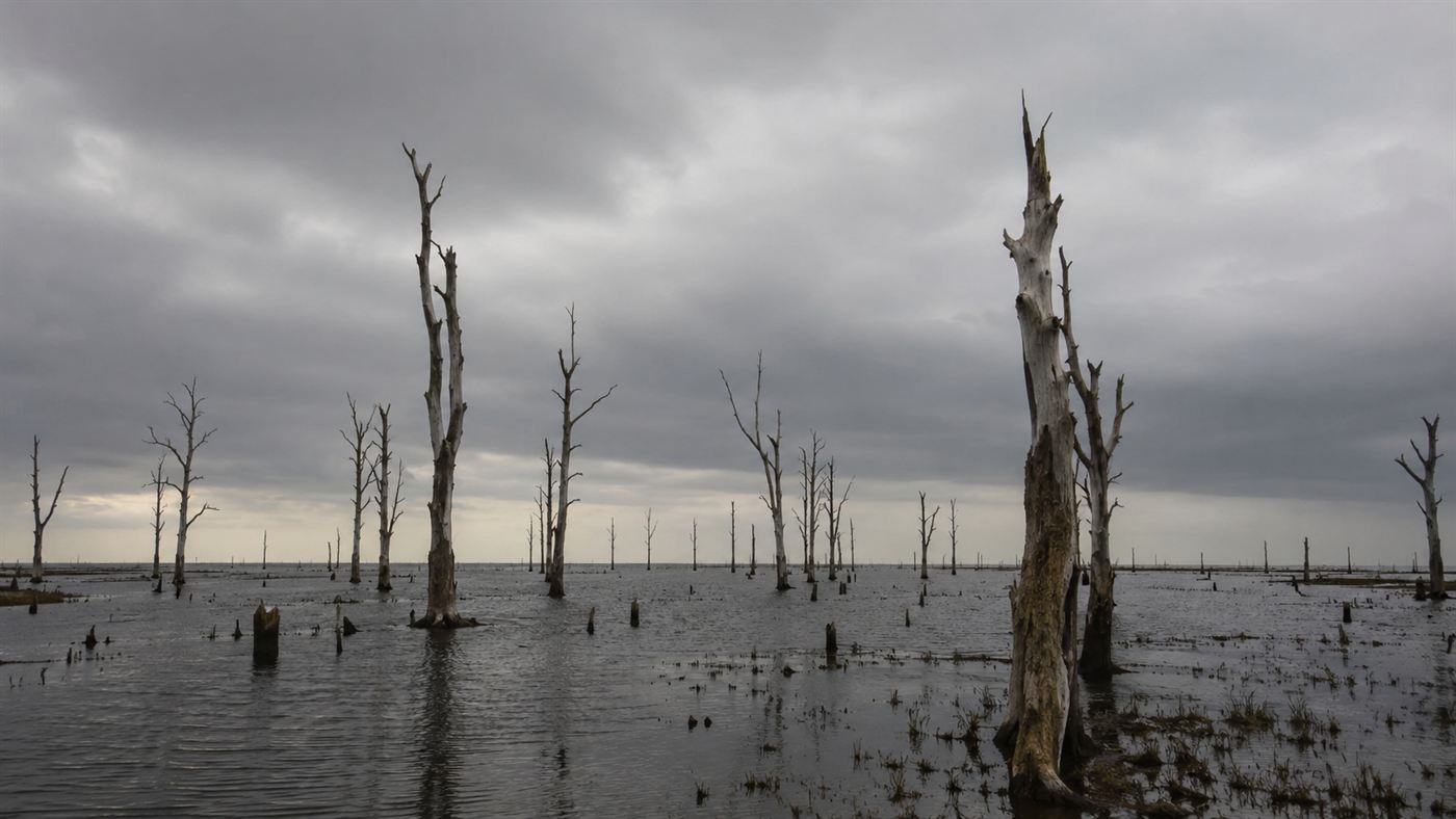 Bleached bare dead tree trunks of the coast's ghost forests standing in shallow marsh water under a grey sky
