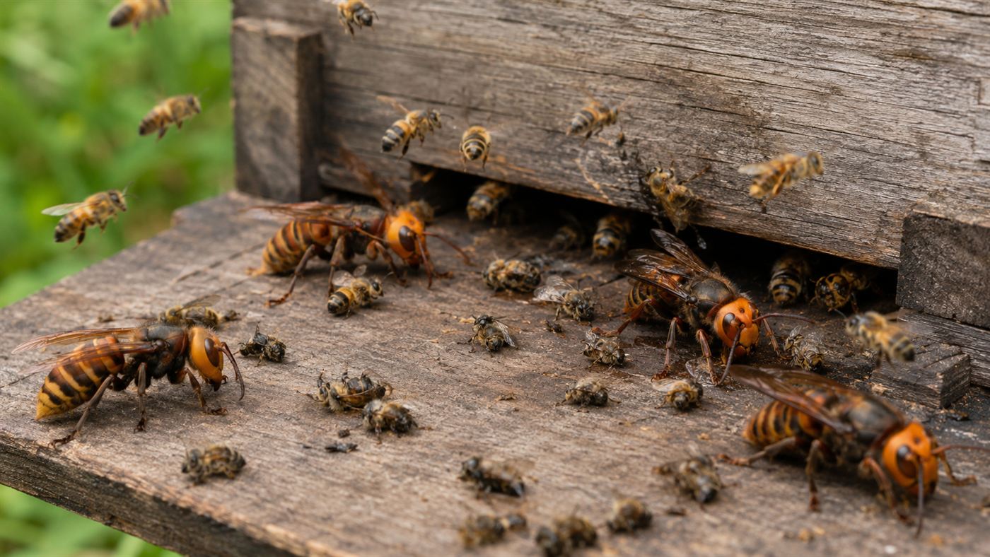 Giant hornets attacking a honey bee hive entrance with scattered dead bees, an invasive species killing pollinators