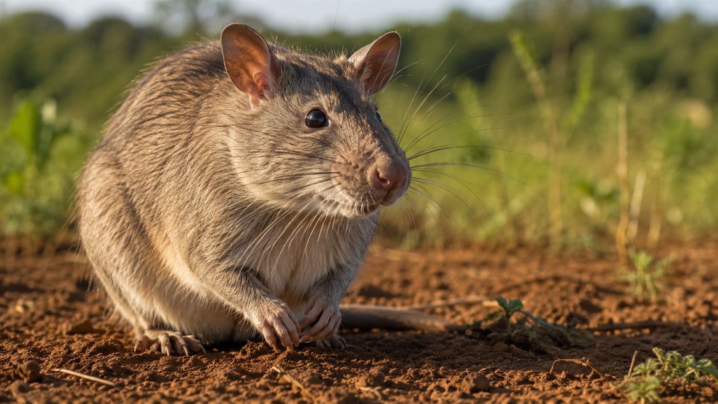A close-up portrait of a calm African giant pouched rat with long whiskers on red earth