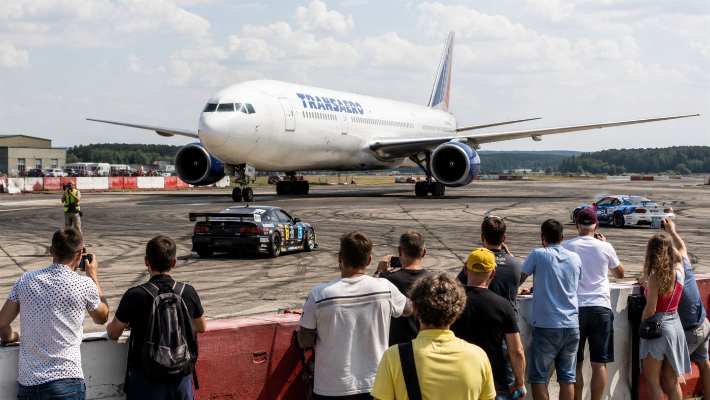 A large white airliner stopped on a former airstrip converted into a racetrack, with small race cars and onlookers nearby