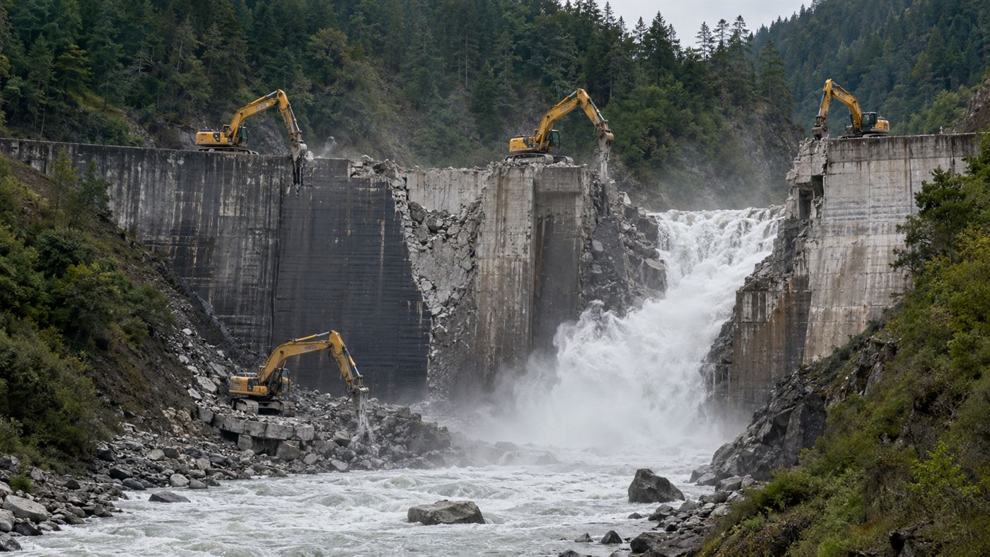 Excavators demolishing a tall concrete dam in a forested river canyon on the Elwha, with water flowing through a notch in the structure
