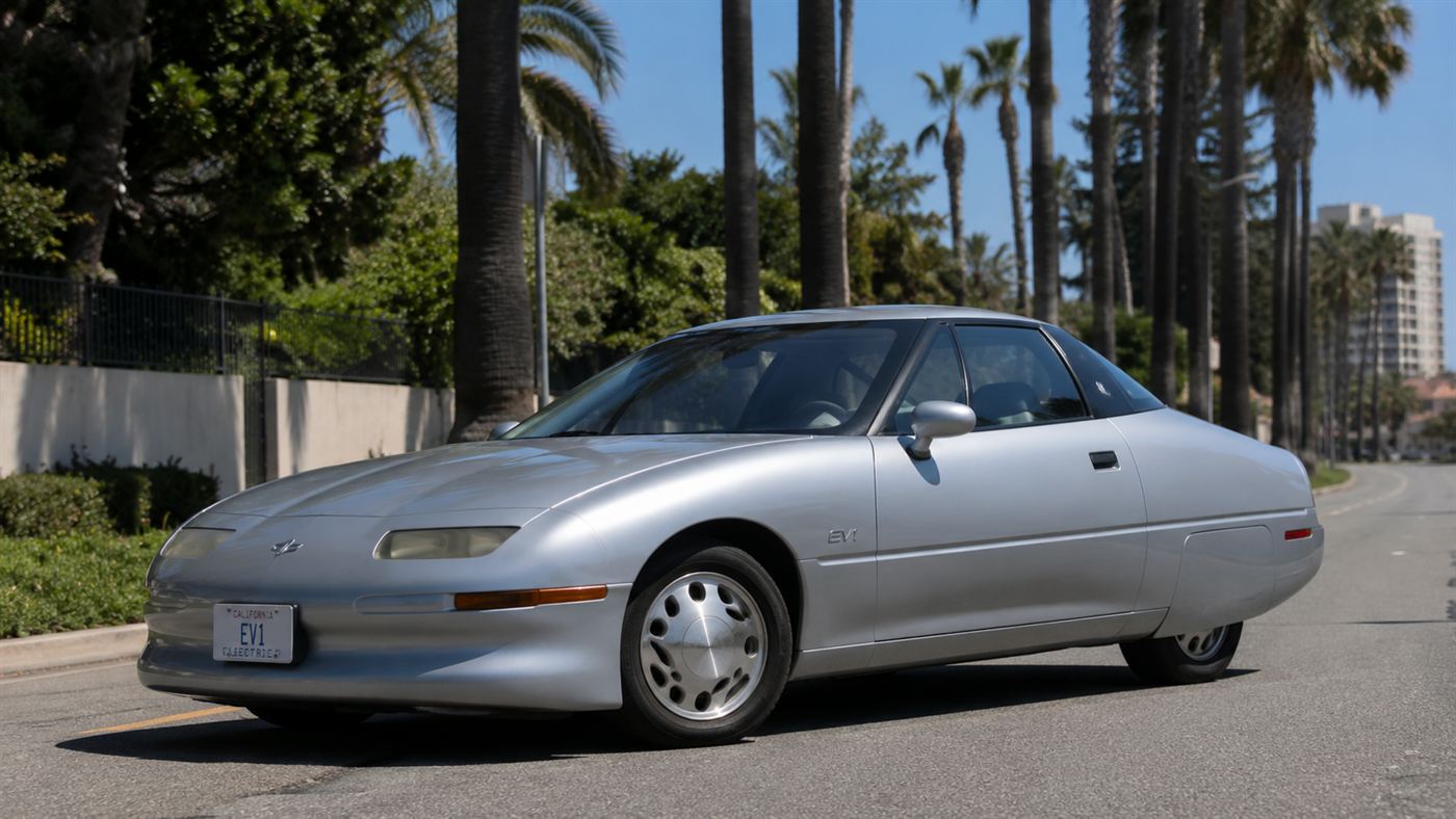 The sleek silver teardrop-shaped GM EV1 electric car parked on a sunny California road