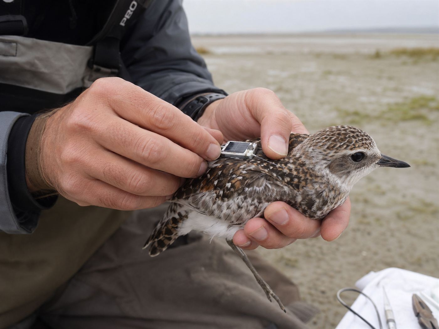 A researcher's hands fitting a tiny lightweight solar satellite tag to a small shorebird during fieldwork