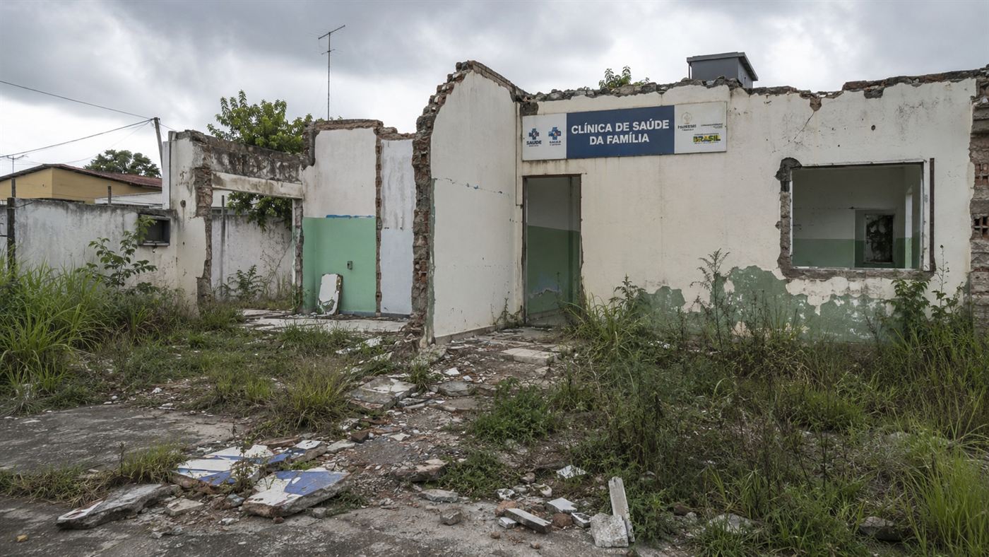 An abandoned, partly demolished medical clinic building, derelict and overgrown