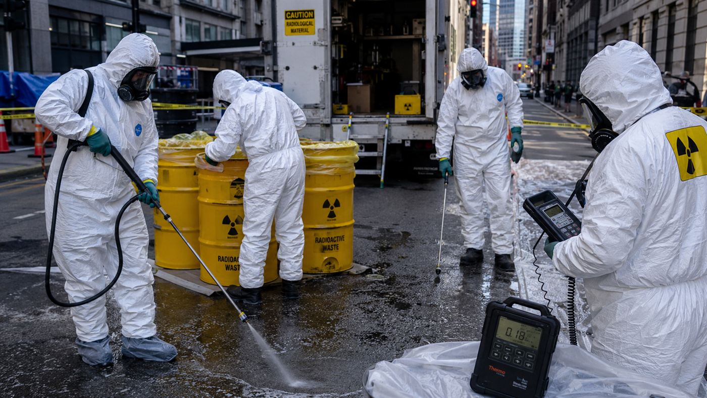 A radiation cleanup crew in white hazmat suits decontaminating an urban site with waste drums
