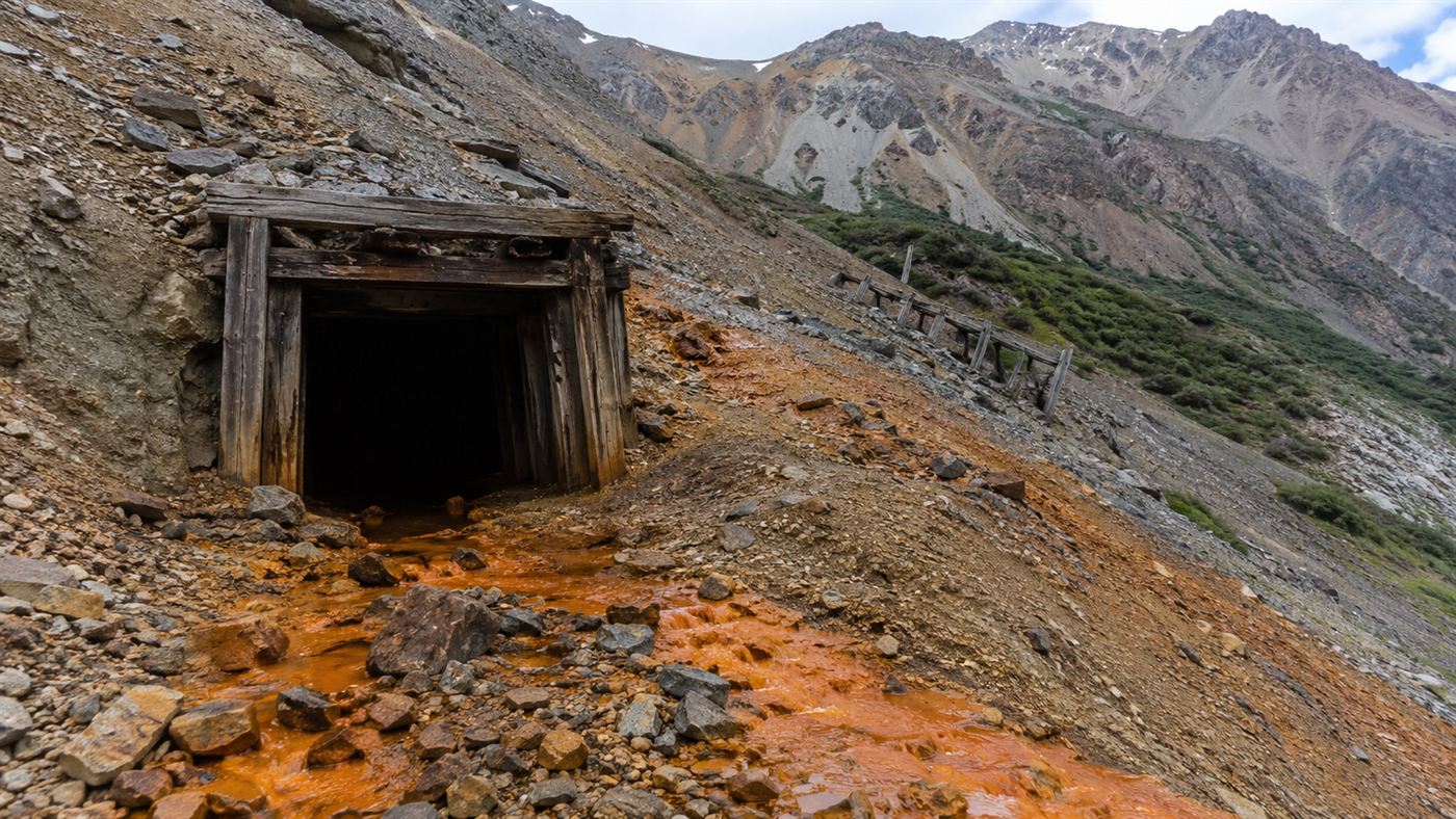 The entrance of an abandoned mountain mine in Colorado with orange acidic water draining from the dark portal down the rocky slope