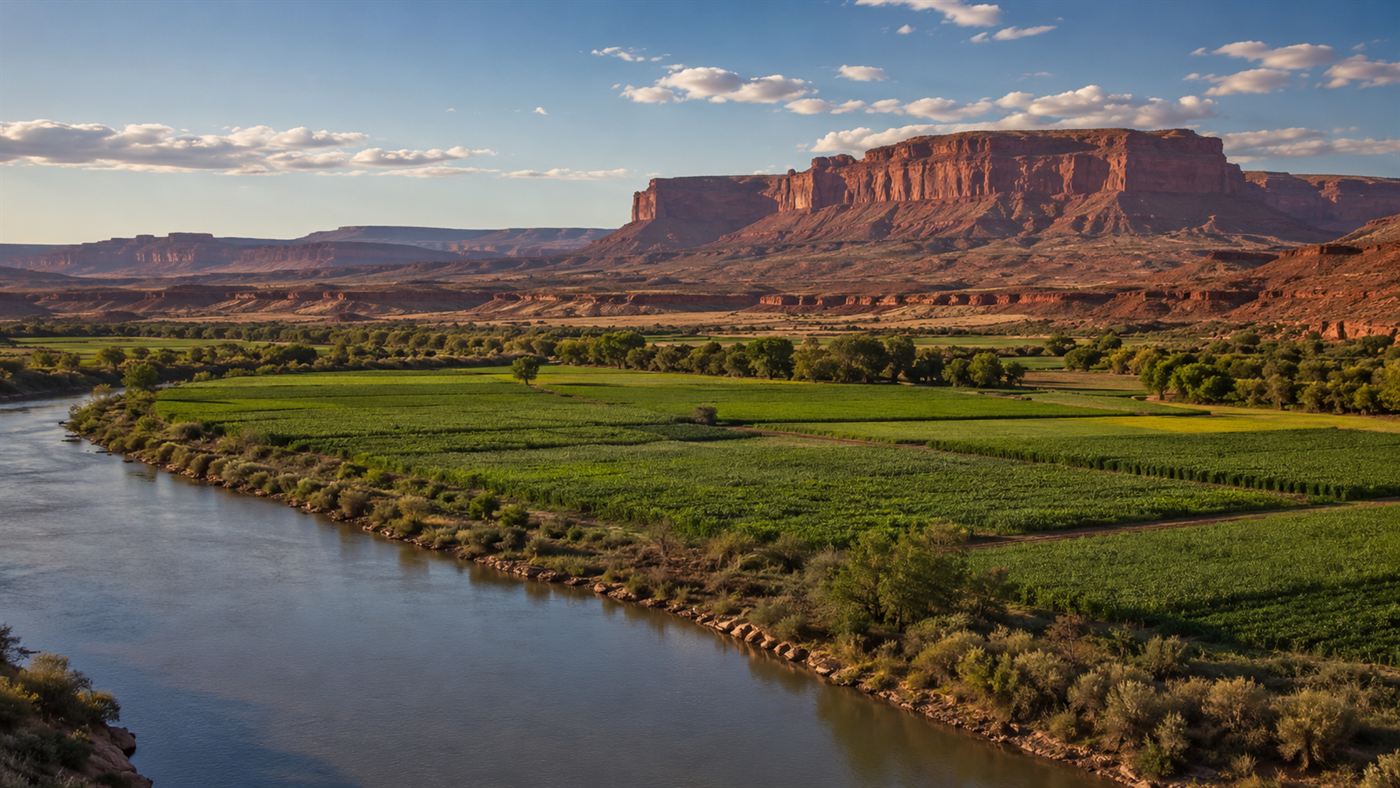 Irrigated farmland beside the San Juan River on Navajo Nation land in the arid Southwest, fields watered by the river downstream