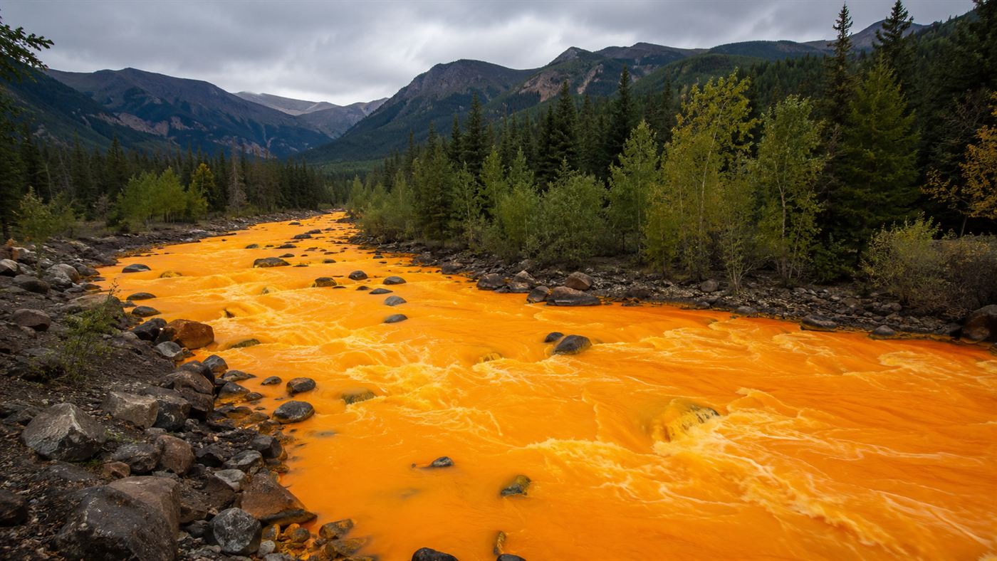 The Animas River in Colorado running bright mustard orange with toxic mine water after the 2015 Gold King Mine spill, green banks alongside