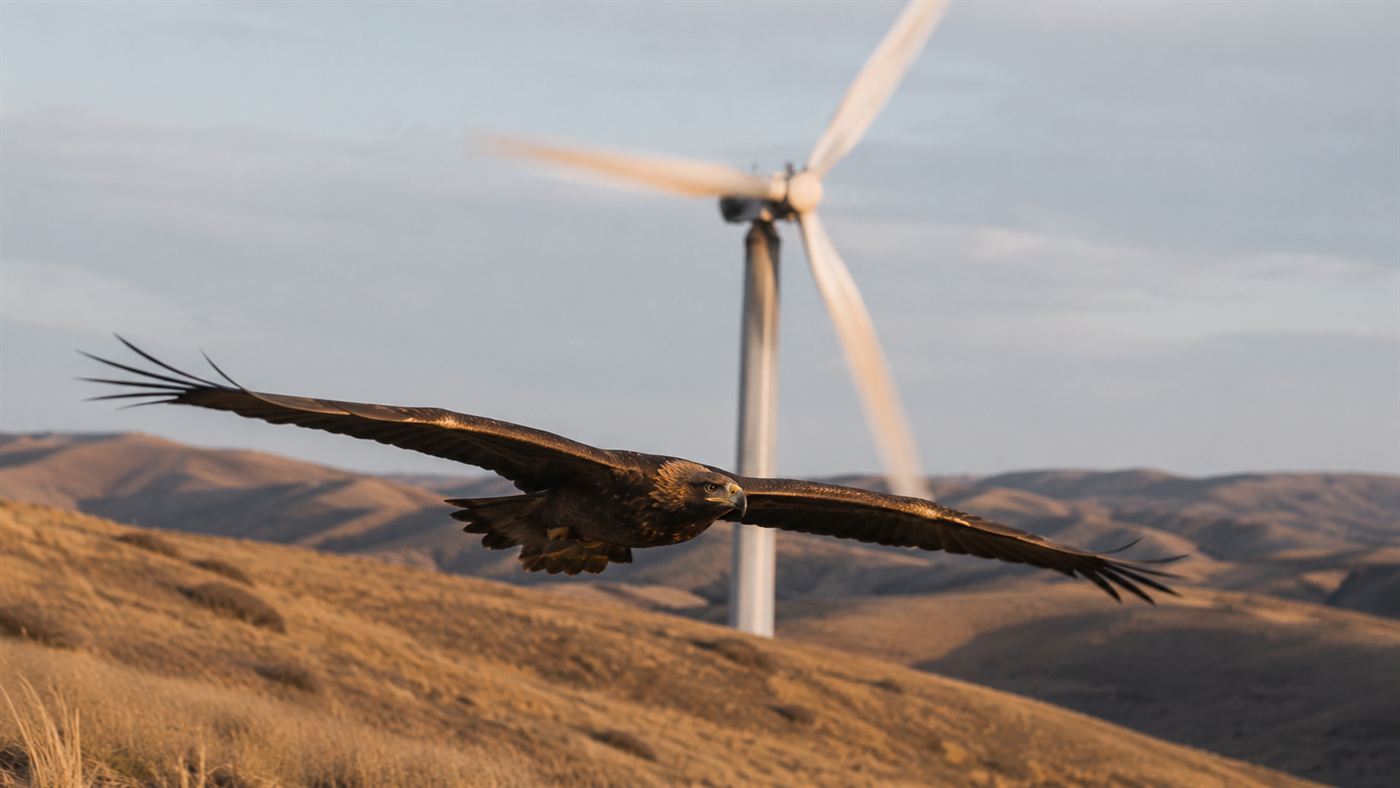 A golden eagle gliding low over dry hills with the spinning blades of an old wind turbine close behind it