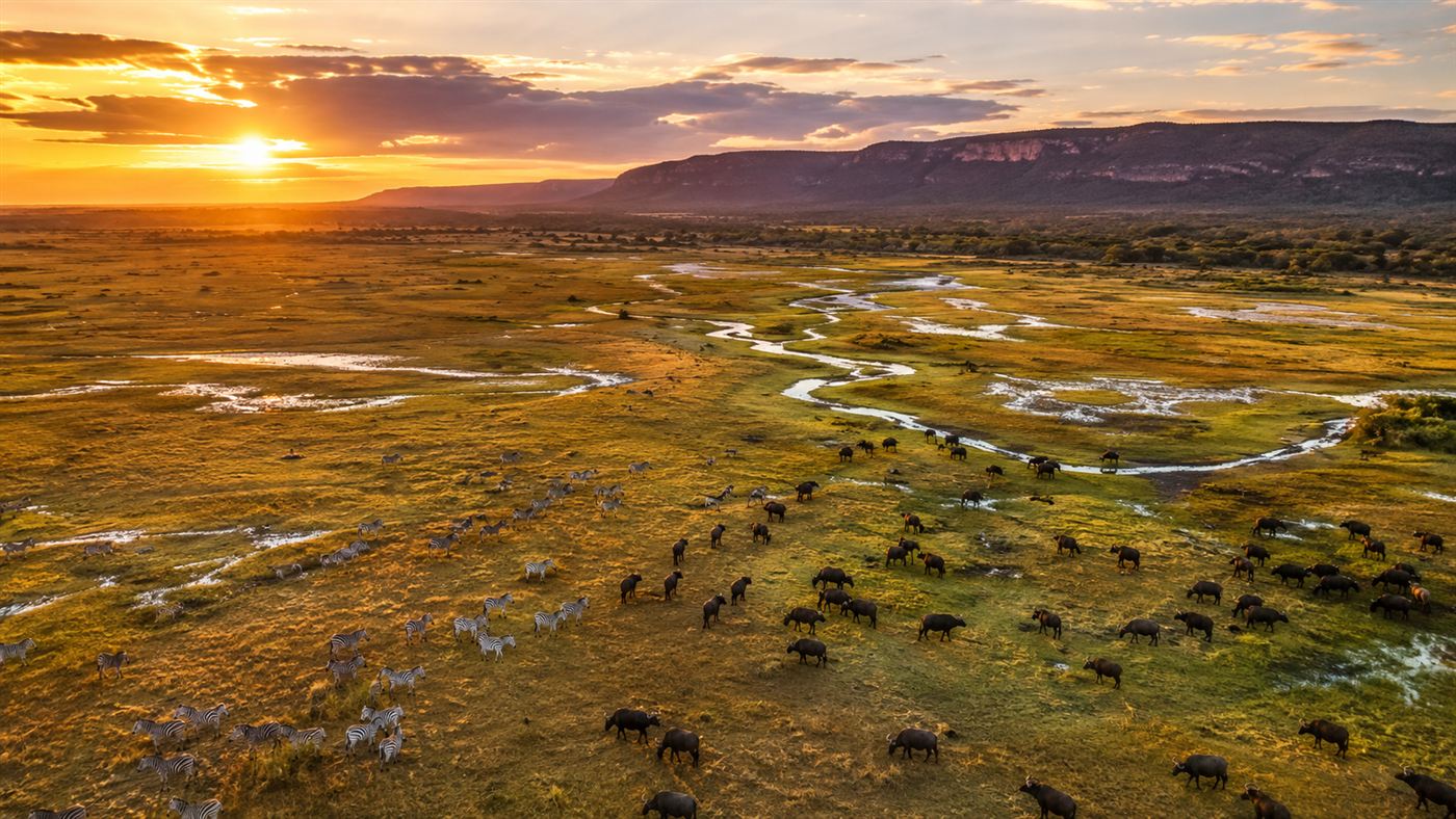 Wide golden floodplains of Gorongosa National Park in Mozambique at sunset, with herds of buffalo and zebra visible in the distance, the Rift Valley escarpment behind