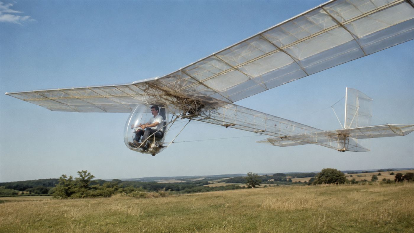 The Gossamer Condor, a huge translucent human-powered aircraft, flying low over a field with a pilot pedalling