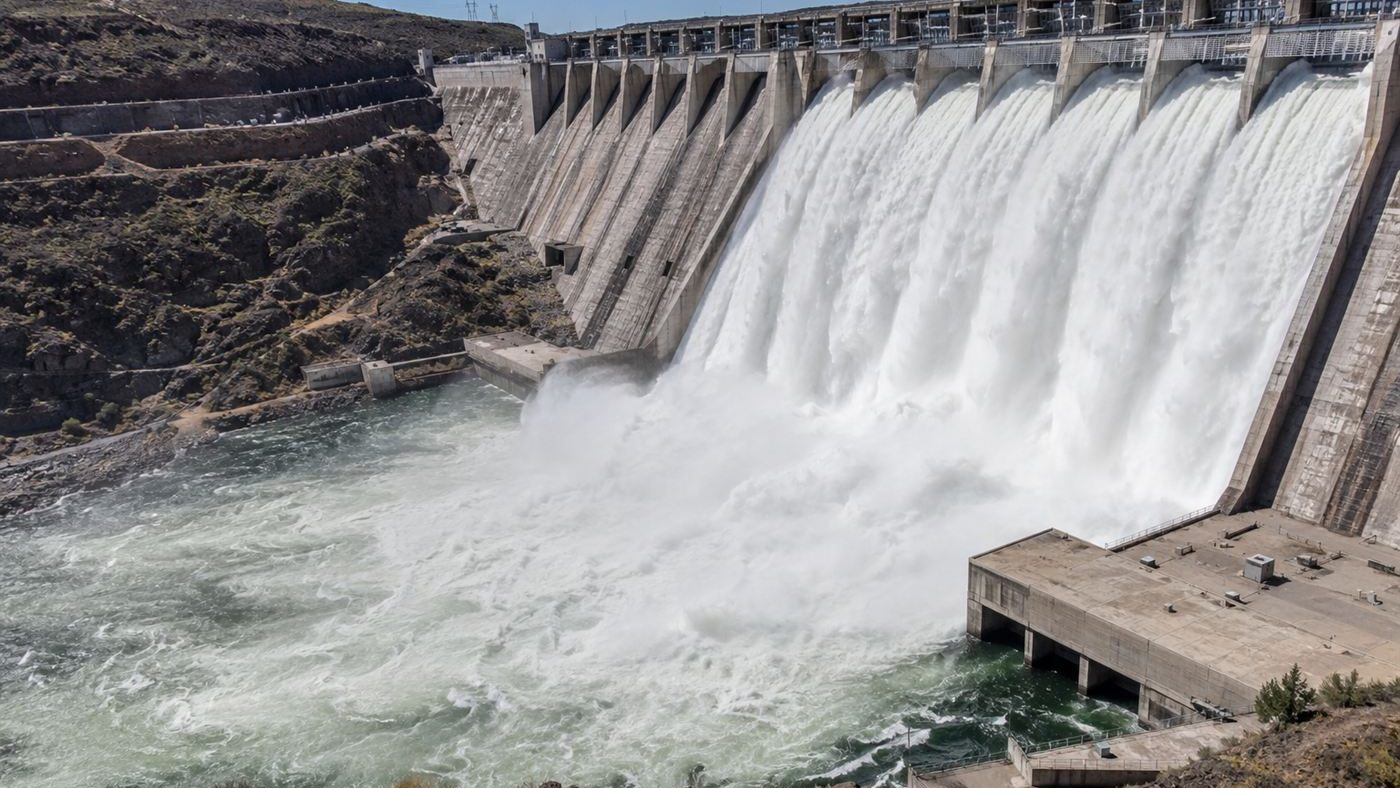 Grand Coulee Dam, an immense concrete gravity dam on the Columbia River with water spilling over it