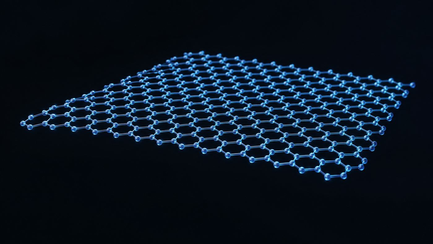 A visualisation of a single-atom-thick graphene sheet as a glowing blue honeycomb lattice