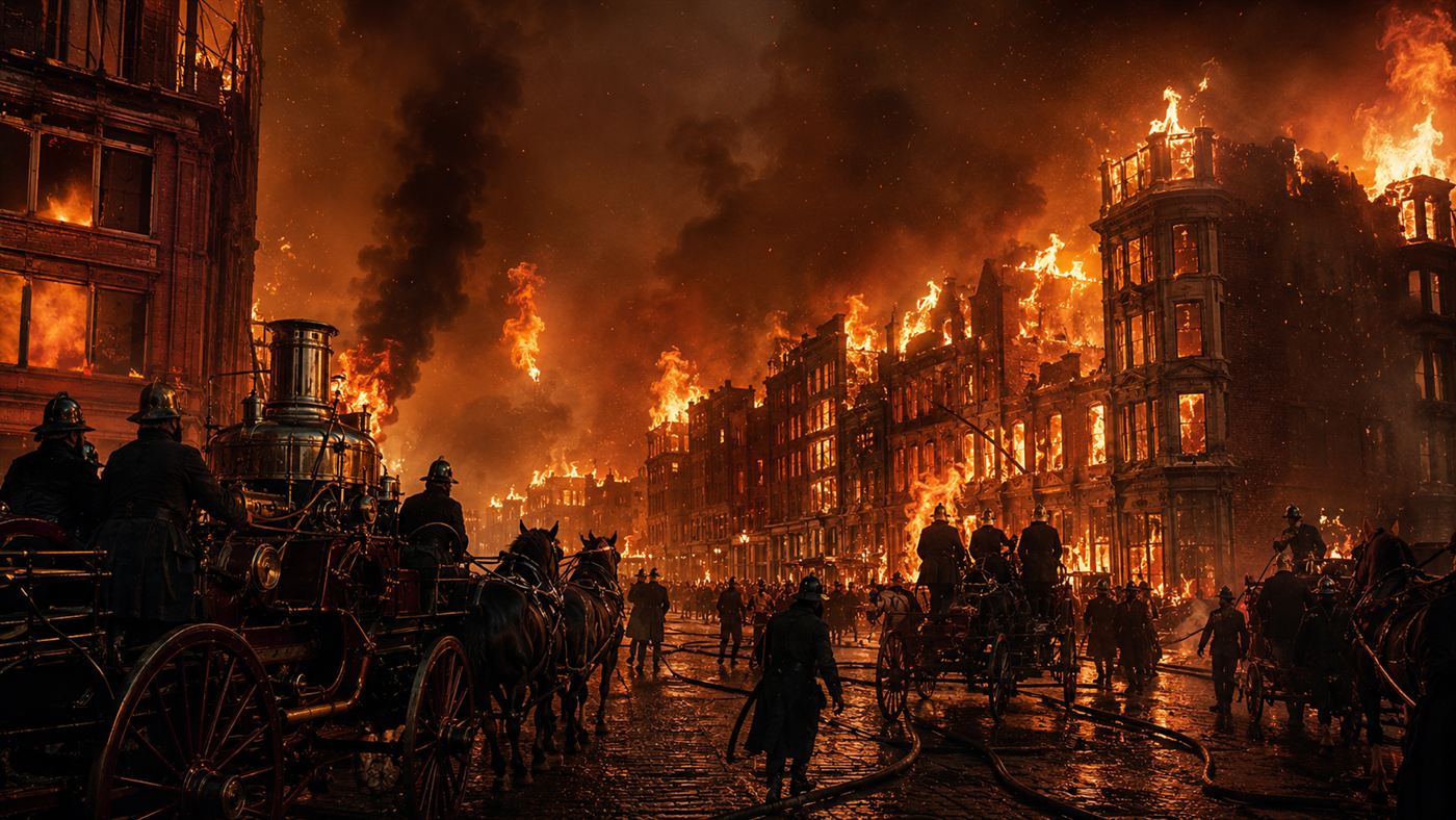 The Great Baltimore Fire of 1904 raging through a downtown of burning brick buildings under a smoke-black sky