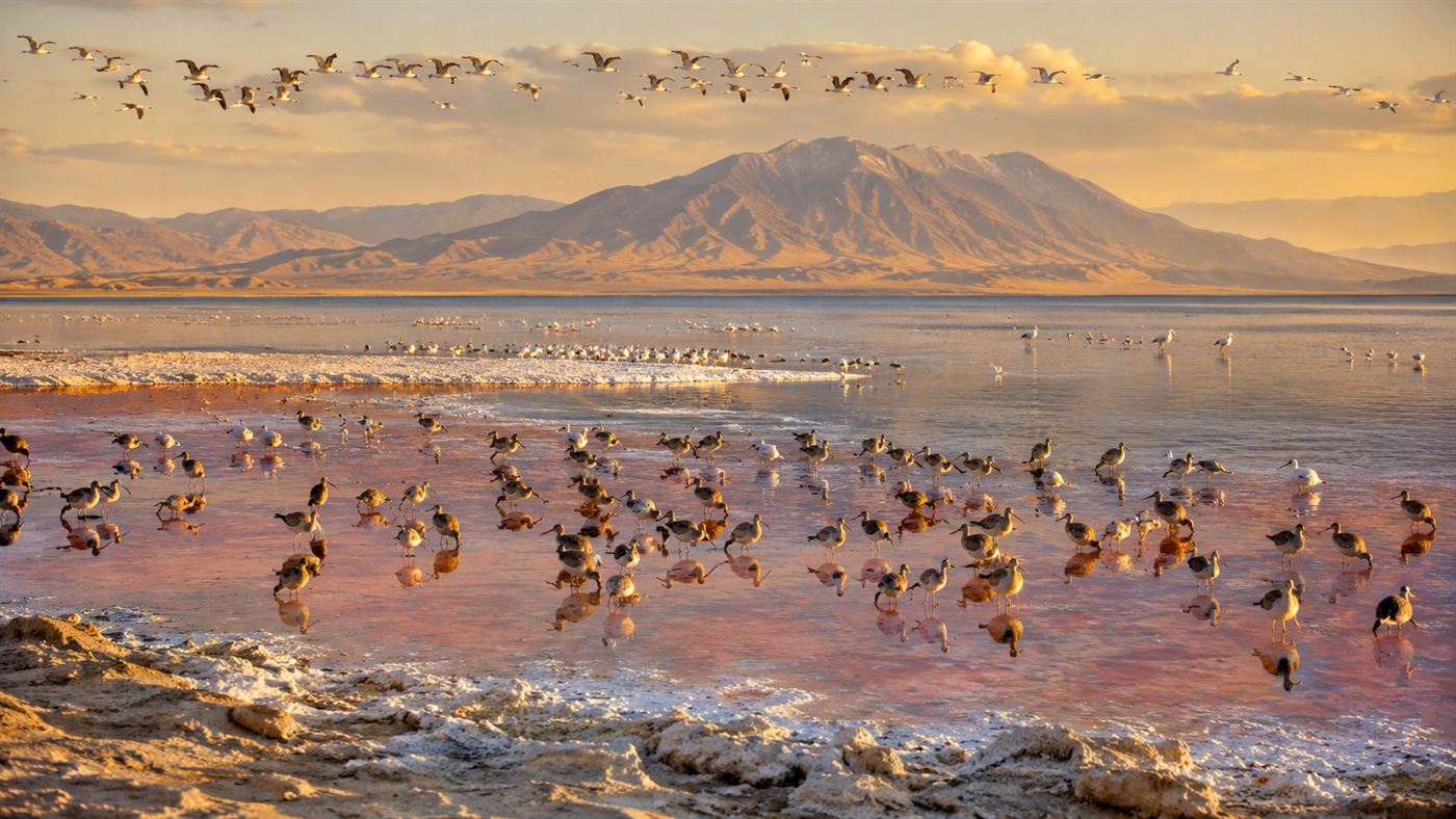 Flocks of migratory birds feeding at the edge of the Great Salt Lake among pink saline shallows and white salt crust