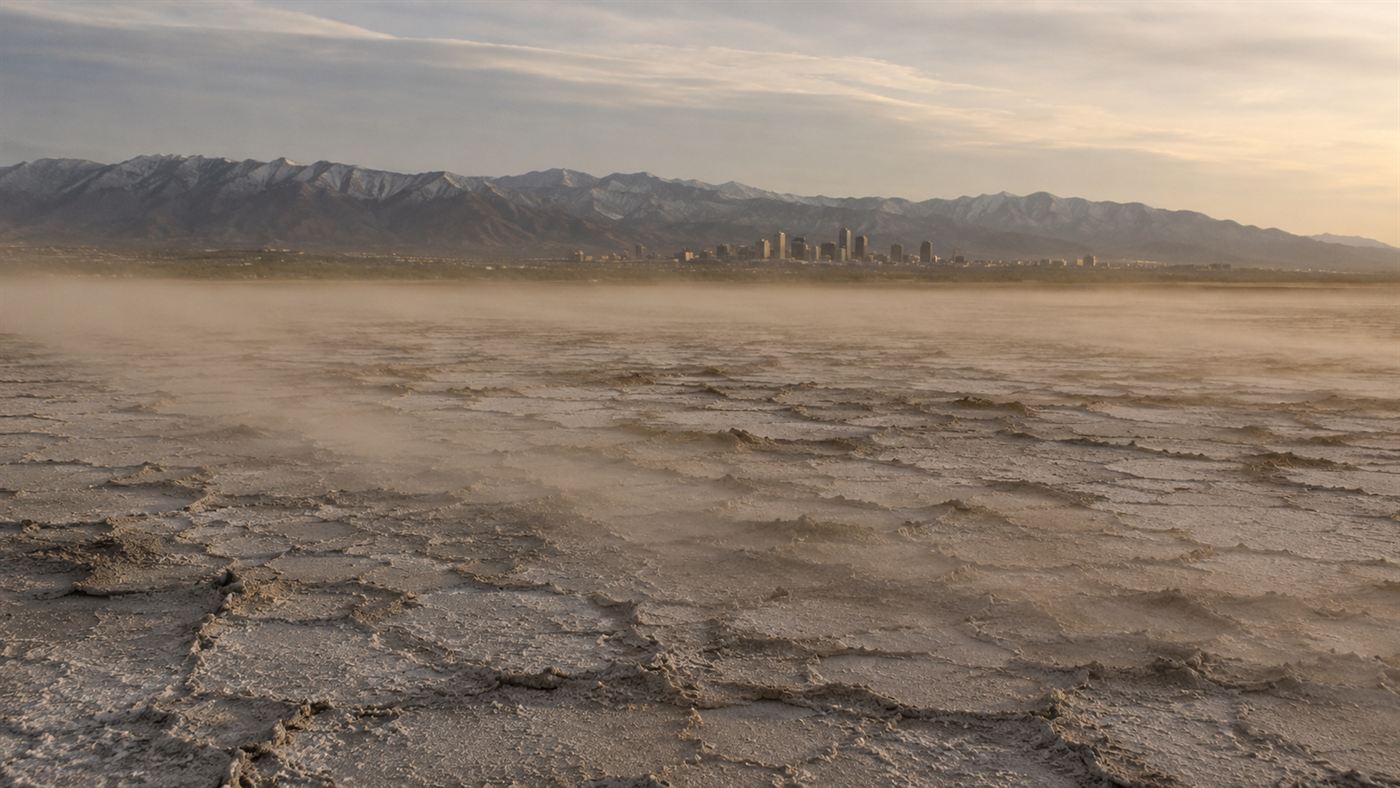 Cracked dry exposed lakebed of the Great Salt Lake with dust lifting in the wind and the distant Salt Lake City skyline under mountains