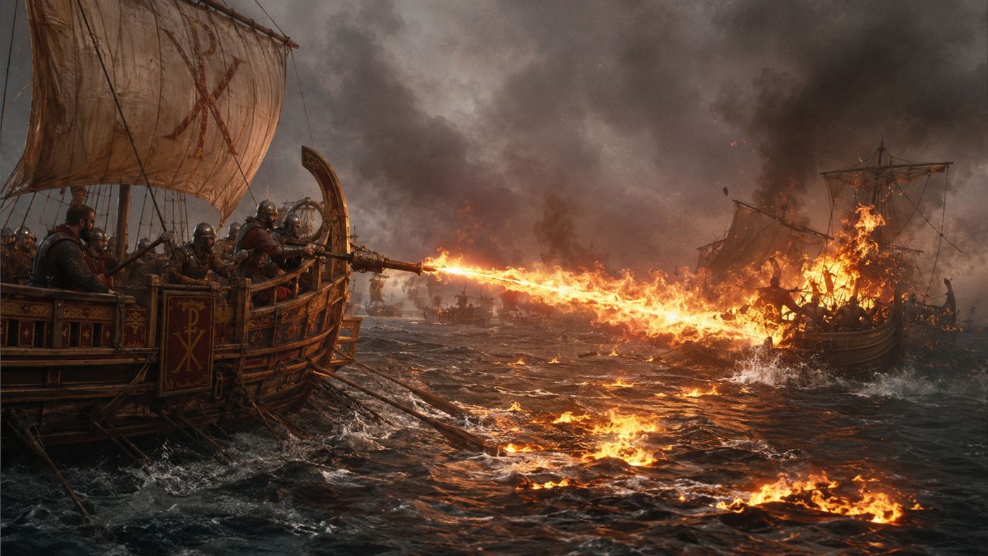 A Byzantine warship spraying a jet of burning liquid Greek fire across the sea onto an enemy ship, flames floating on the water